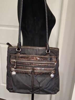 Vintage Brighton Billie Black Nylon Croc-Embossed Leather Trim Shoulder Bag